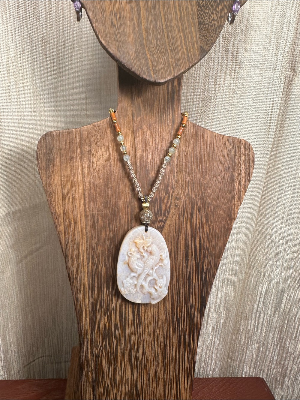 Coral Fossil Birds Pendant with Ocean Jasper on Adjustable Rope - Picture 5 of 15